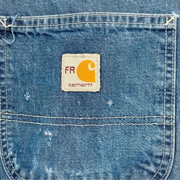 Carhartt Fire Resistant Carpenter Jeans Mens 34 Blue Workwear‎ Stained Rigid - Picture 3 of 11